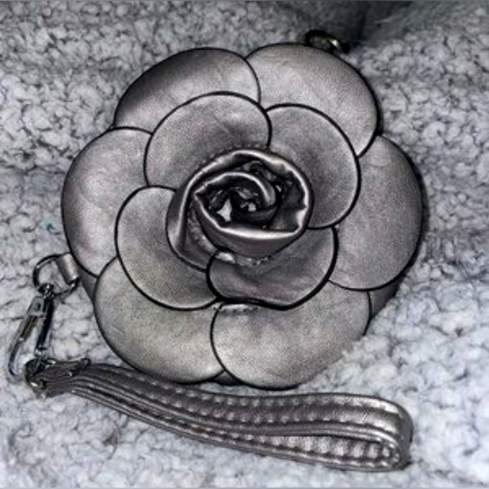 Noelle Designer Metallic Silver Rose Flower Pouch purse bag coin purse wallet